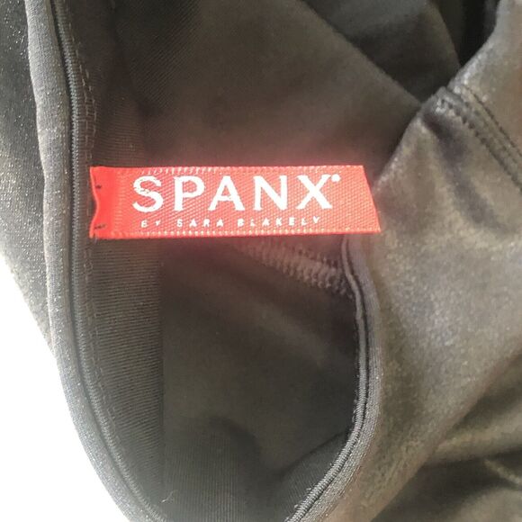 Spanx Leggings Black Faux Leather Metallic Stretch Pants Skinny Medium Petite - Picture 3 of 14
